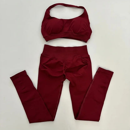 No Logo Yoga Legging Sets for Women Seamless Yoga Set Scrunch Butt Legging Set Workout Gym Suit with Halter Crop Top Badiee Stylez