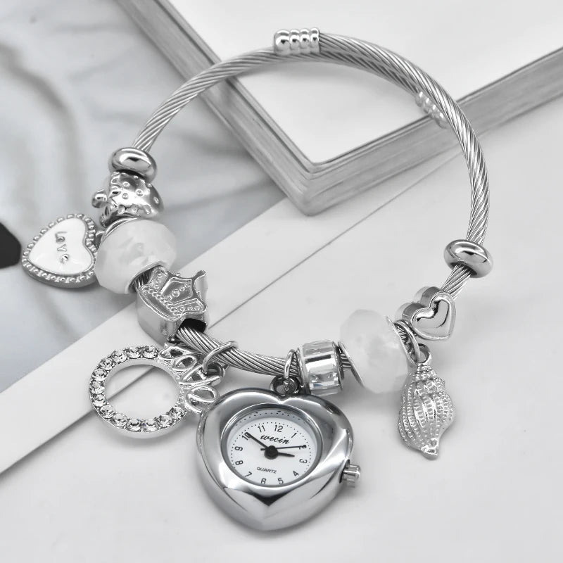 Fashion Women's Bracelet Watch Love with stylish decor refined round quartz watch silvery casual elegance Silvery-1