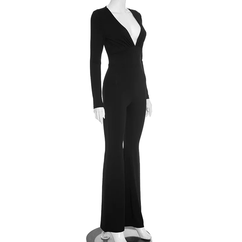 2025 Women Autumn Black Long Sleeve V Neck Jumpsuits Streetwear Bodycon Sexy Sporty Casual Rompers Fashion Overall Body Tops Badiee Stylez