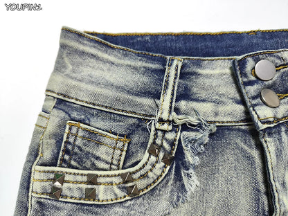 Sexy Low Rise Denim Super Shorts Women's Summer Elastic Slim Skinny Rivet Vintage Blue Short Jeans Y2k Versatile Pants