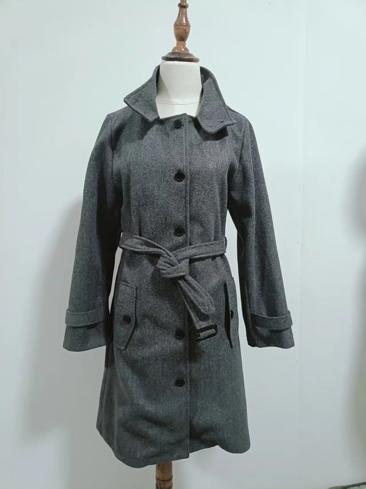 New Solid Color Button Long Wool Coat Autumn Warm Stand Collar Women Coat Fashion Ladies High Neck Pocket Belt Trench Coat