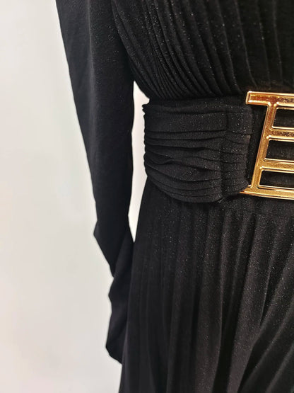 TWOTWINSTYLE Solid Spliced Belt Slimming Dresses For Women O Neck Long Sleeve High Waist Temperament Long Dress Female Clothes