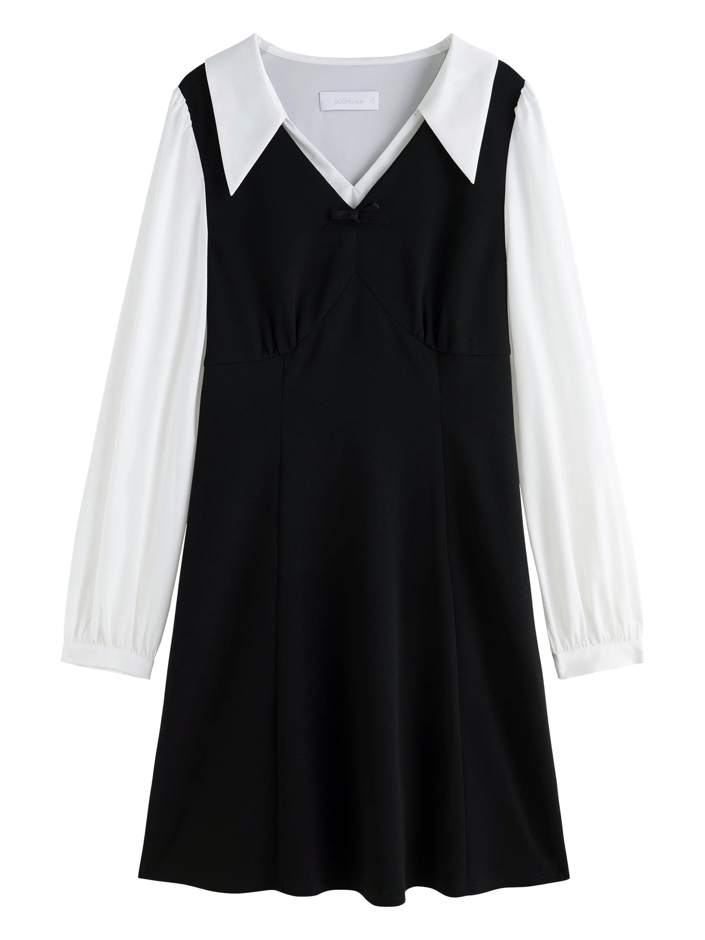 DUSHU Women Autumn Long SLeeve Dresses Office Lady Temperament Polo Neck A-LINE Long Dress Fake Two Patchwork Dress 24DS83358