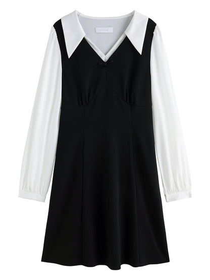 DUSHU Women Autumn Long SLeeve Dresses Office Lady Temperament Polo Neck A-LINE Long Dress Fake Two Patchwork Dress 24DS83358