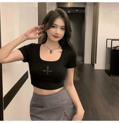 2025 Summer tshirt Women Black Cross Print Short T-Shirt Sexy U Neck Crop Top Short Sleeve Tops Tee Female Shirts