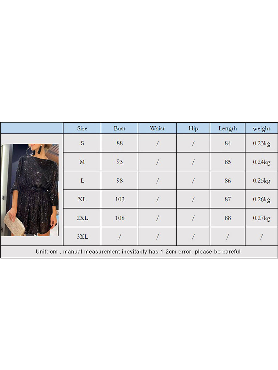 2024 New Fashion Women´s Autumn Sequin Party Dress, Sparkle Long Sleeve Round Neck Short Cocktail Dress with Belt Badiee Stylez