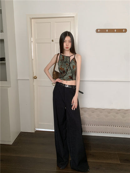 CHEERART Flocking Floral Vintage Crop Cami Top For Women 2024 Sleeveless Flower Green Tops Designer Clothes Luxury