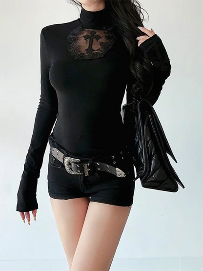 Turtleneck Top Y2k Clothes Black Gothic Cross Hollow Slimming Bottom T Shirt for Women Long Sleeve Sexy T-shirt Girls Tops Badiee Stylez
