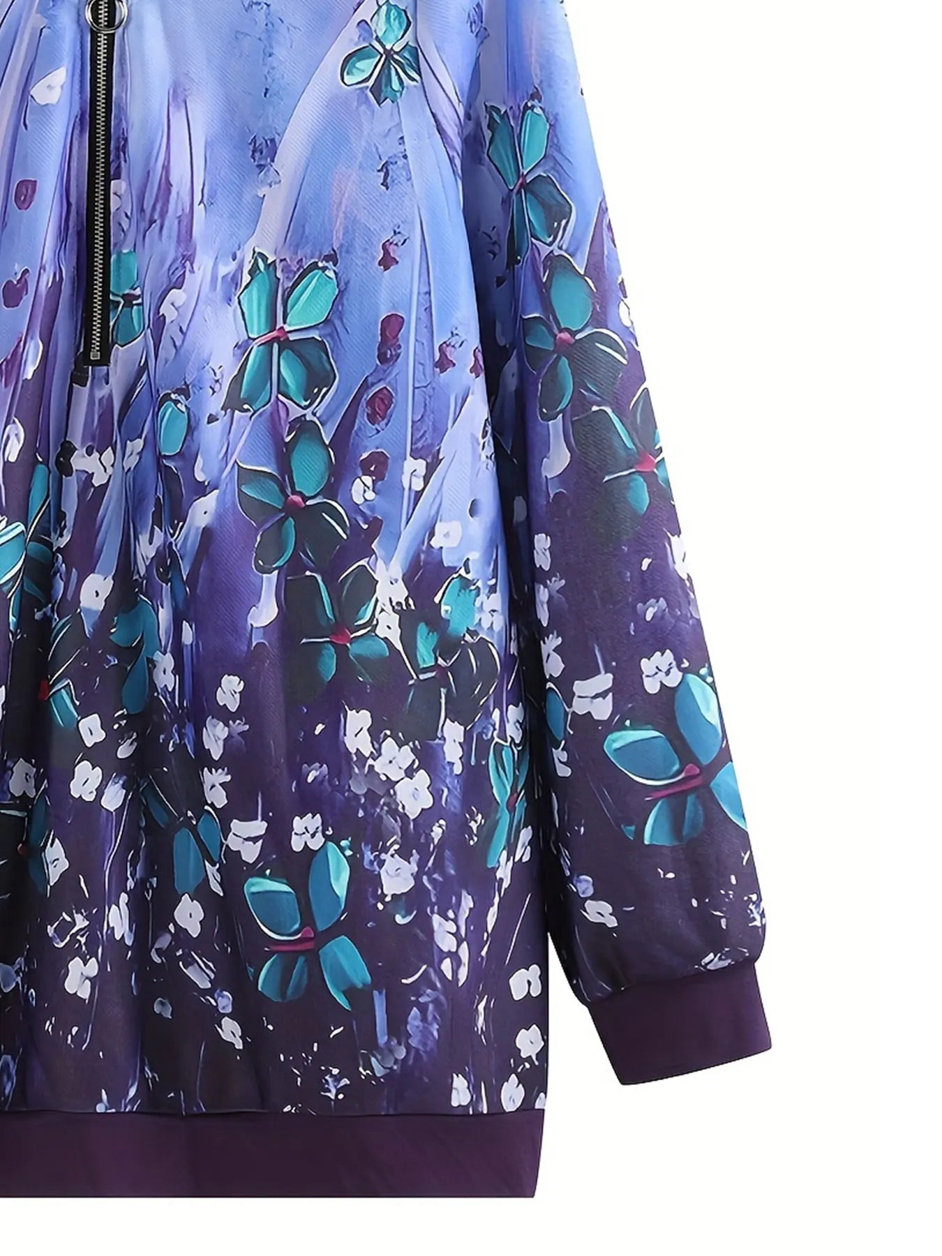 Plus Size Womens Woven Sweatshirt Purple Floral Print Fashion Style Zipper Neck Long Sleeve Top Loose Casual Wear For Spring Aut