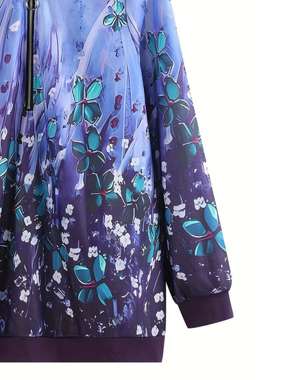 Plus Size Womens Woven Sweatshirt Purple Floral Print Fashion Style Zipper Neck Long Sleeve Top Loose Casual Wear For Spring Aut