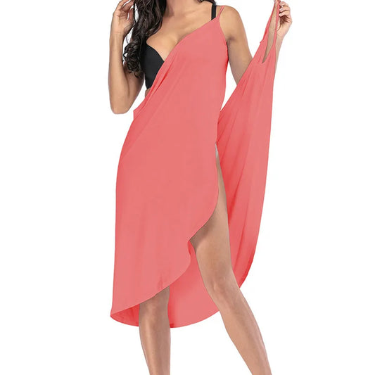 NSANGU Summer Beach Sexy Women Solid Color Wrap Dress Sun Protection Bikini Cover Up Sarongs Female Bathing Suit Swimwears Pink