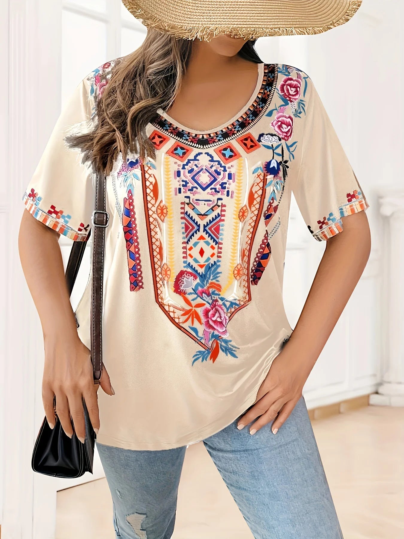 Plus Size Women's T-Shirt Boho Harajuku Graphic Print Summer Short Sleeve Casual Tops Street Fashion T-Shirt Female Clothing