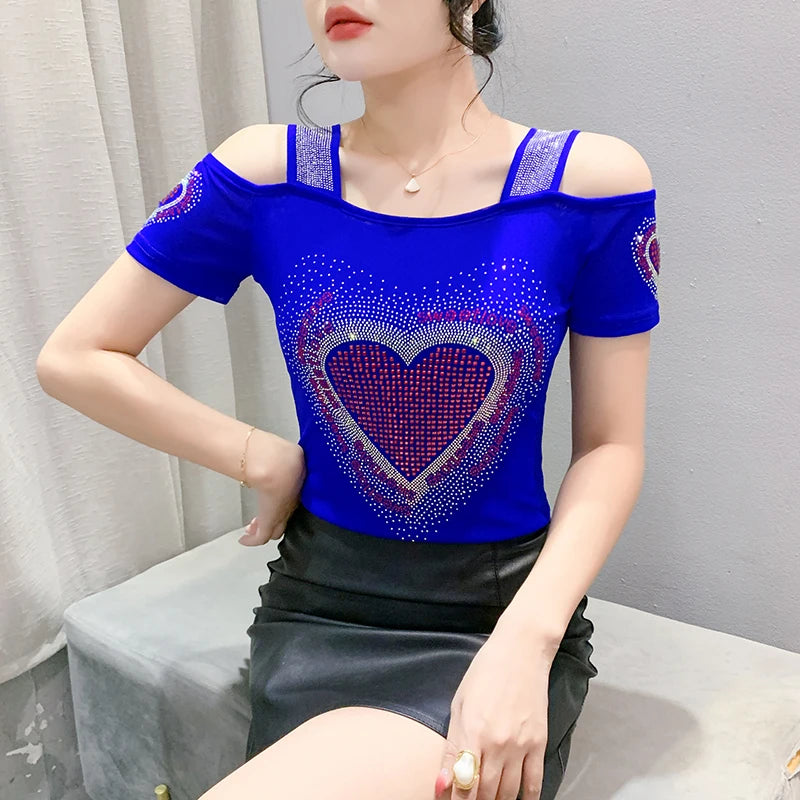 Aoxison Summer Short Sleeved Women's T-Shirt Elegant Slim Shiny Love Heart Diamonds Mesh Tops Chic Girl Sexy Off Shoulder Tees Blue