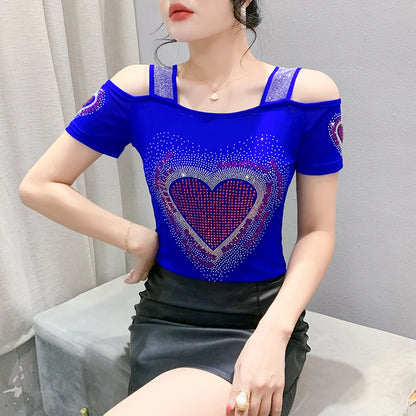 Aoxison Summer Short Sleeved Women's T-Shirt Elegant Slim Shiny Love Heart Diamonds Mesh Tops Chic Girl Sexy Off Shoulder Tees Blue