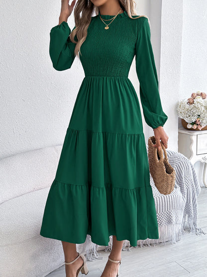 Autumn Winter Elegant Dresses for Woman Solid Color Round Neck Long Sleeve Ruffled Dresses Khaki Green Red