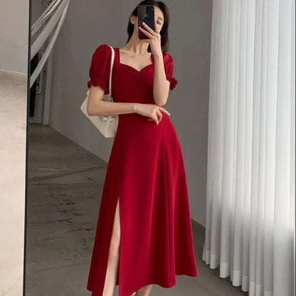 Solid Puff Short-Sleeved Elegant Slit Dress New Fashion Women V-neck Full Dresses Ladies High Waist Slim Evening Party Vestidos Red