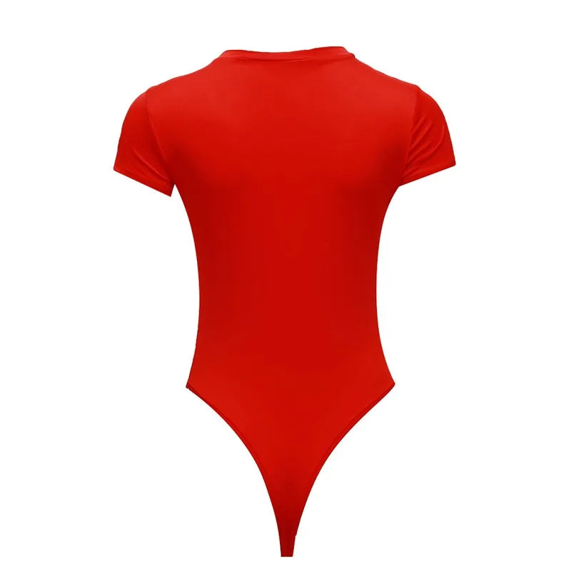 Solid One Piece Bodysuit Short Sleeve O Neck Sexy Open Basic Overalls Women Tight Fitting Body Top Skinny Female