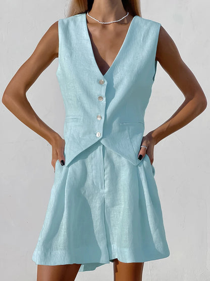 Marthaqiqi Loose Cotton Women'S Pajamas Sets Sexy V-Neck Sleepwear Tank Tops Nightwear Casual Shorts Femme Summer Pyjamas Suits Blue