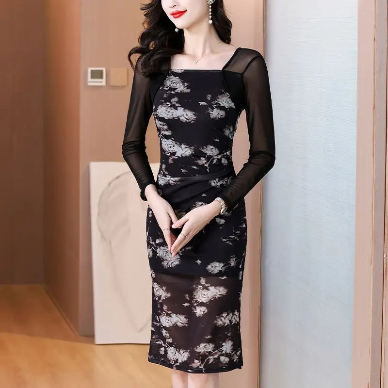 Women's 2025 New Slim Hip Square Neckline Temperament Dress black
