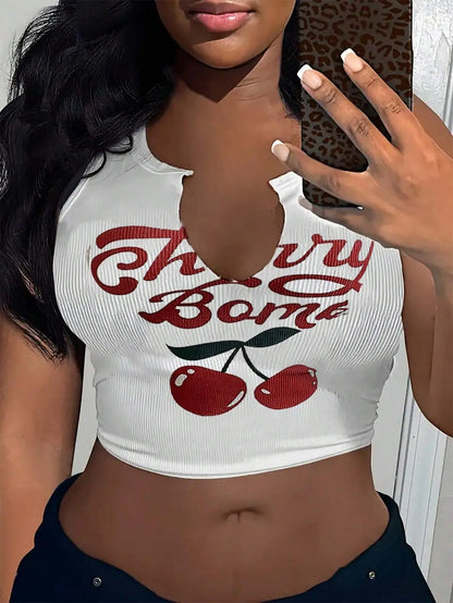 2024 Summer Fashion Cherry Teenage girls Sexy Letter Printed U Neck Tank tops Tops Women's Clothing Dark red