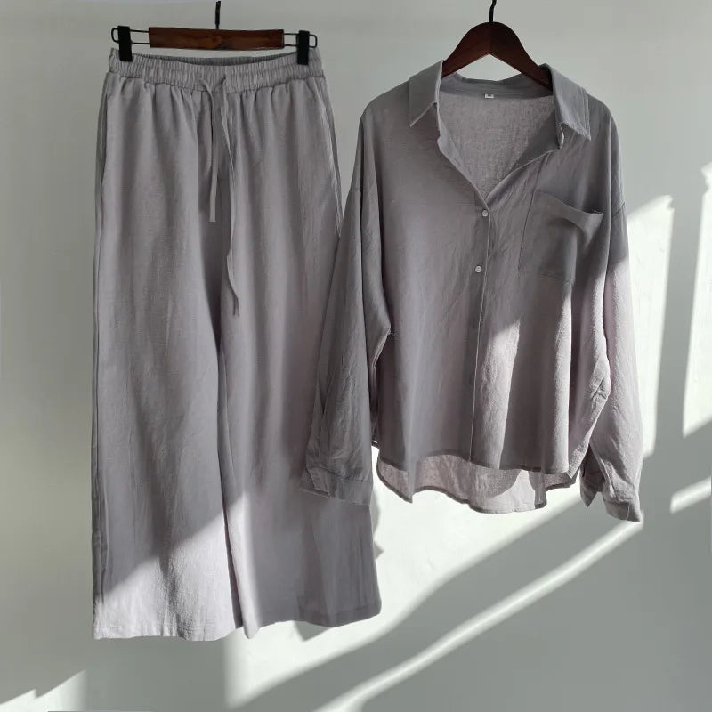 Pants Set Women Shirts Wide Leg Elastic Waist Cotton Linen Casual Sets Elegant Loose Long Sleeve Lapel Spring Shirt Y2k Suit