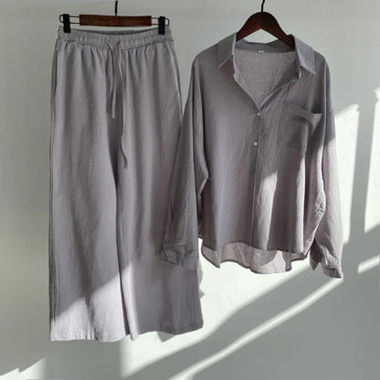 Pants Set Women Shirts Wide Leg Elastic Waist Cotton Linen Casual Sets Elegant Loose Long Sleeve Lapel Spring Shirt Y2k Suit