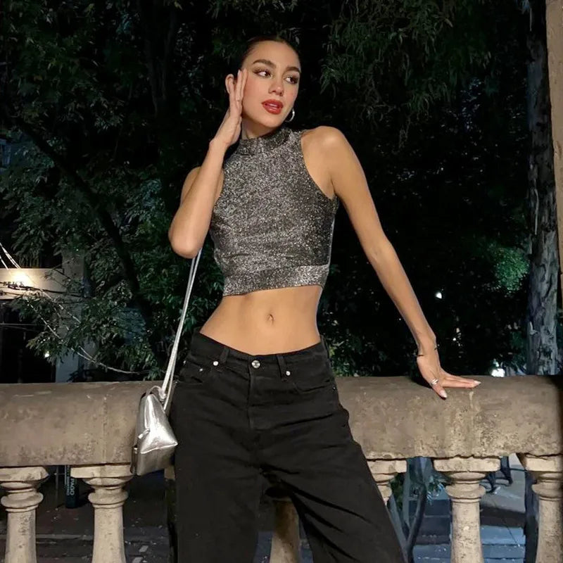 WhereMery Sexy Women Backless Tank Top Y2K Bling Glitter Sleeveless Bandage Crop Tops Summer Girl Fashion Streetwear Skinny Vest