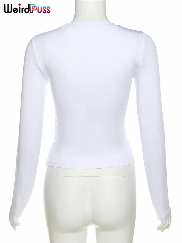 Weird Puss Sexy Print Women Crop Top Long Sleeve O Neck 2023 SpringTrend Skinny Wild Stretchy Vintage Midnight Streetwear Tees