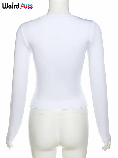 Weird Puss Sexy Print Women Crop Top Long Sleeve O Neck 2023 SpringTrend Skinny Wild Stretchy Vintage Midnight Streetwear Tees