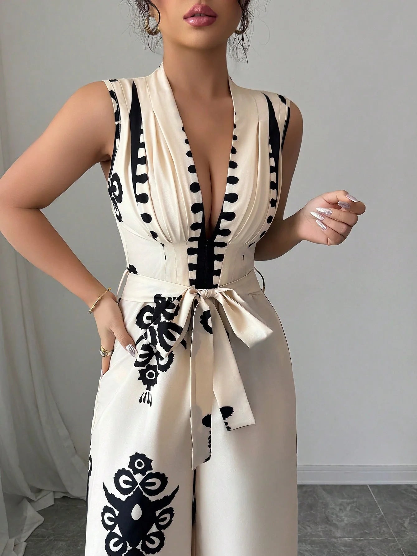 Women's fashion lace up printed V-neck wide leg jumpsuit Badiee Stylez