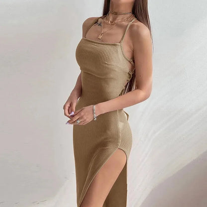 Sexy Black Long Bodycon Dress Women Summer Sleeveless Blackless Halter Neck Spaghetti Strap Dresses High Split Vestidos