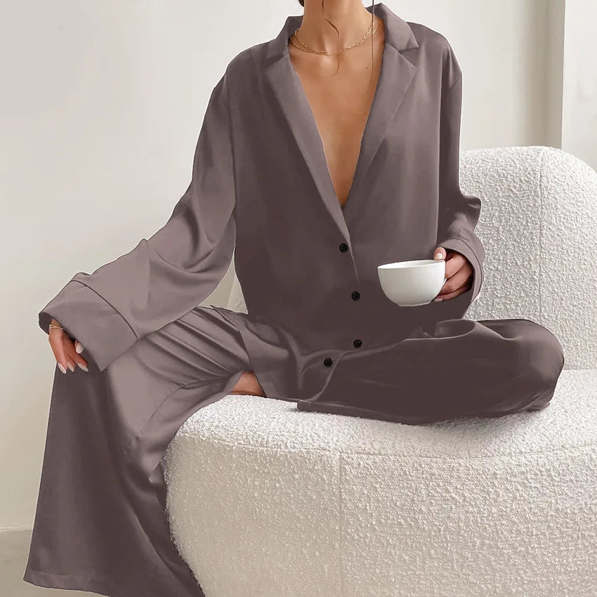 NHKDSASA Oversized Satin Silk Sleepwear Low Cut Sexy Pajamas For Women Single-Breasted Long Sleeves Wide Leg Pants Trouser Suits Camel
