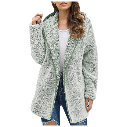 Autumn Winter Women Long Teddy Jacket Warm Thick Fleece Coat Turn Down Collar Plush Coat Woman Casual Long Sleeve Winter Clothes green