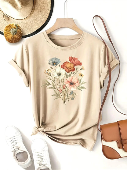 Floral Fashion Tee Breathable Women's Casual Fashion T-Shirt Crew Neck Short Sleeve Colorful Floral Women Fashion Summer Tee