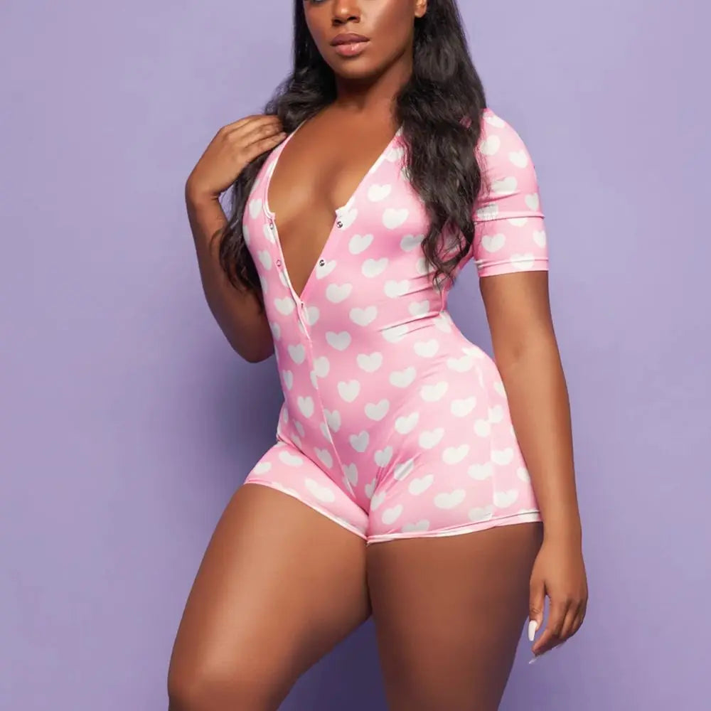 Sexy Playsuits Women Sleepwear Buttons V-neck Bodycon Short Romper Jumpsuit Leotard Printed Short Sleeve Summer Bodysuits Female A