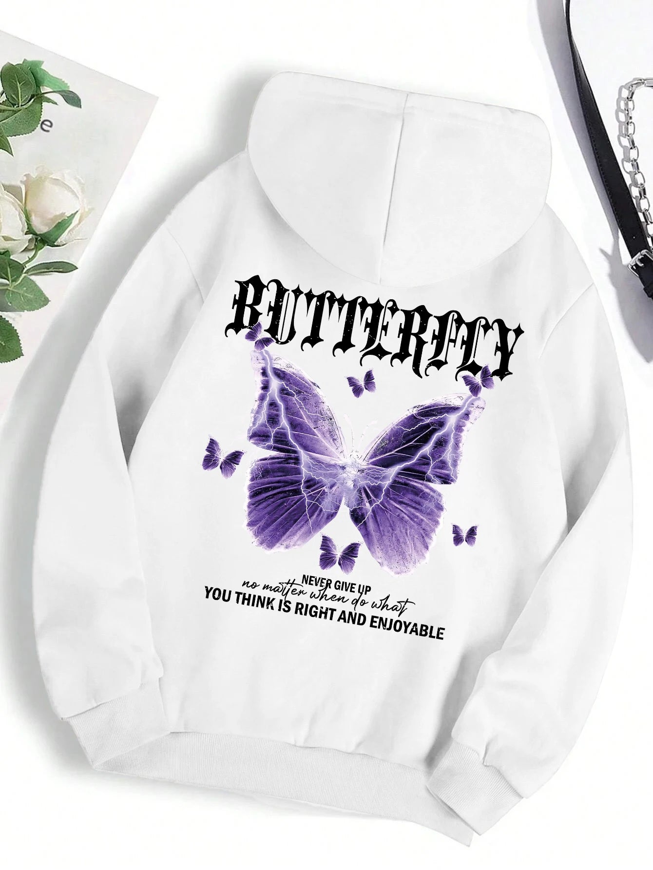 Beautiful Purple Butterfly Printing Hoodies Women Fleece Pocket Hoody Simple Casual Hoodie Autumn Loose Female Streetwear White
