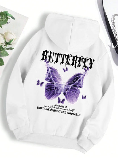 Beautiful Purple Butterfly Printing Hoodies Women Fleece Pocket Hoody Simple Casual Hoodie Autumn Loose Female Streetwear White