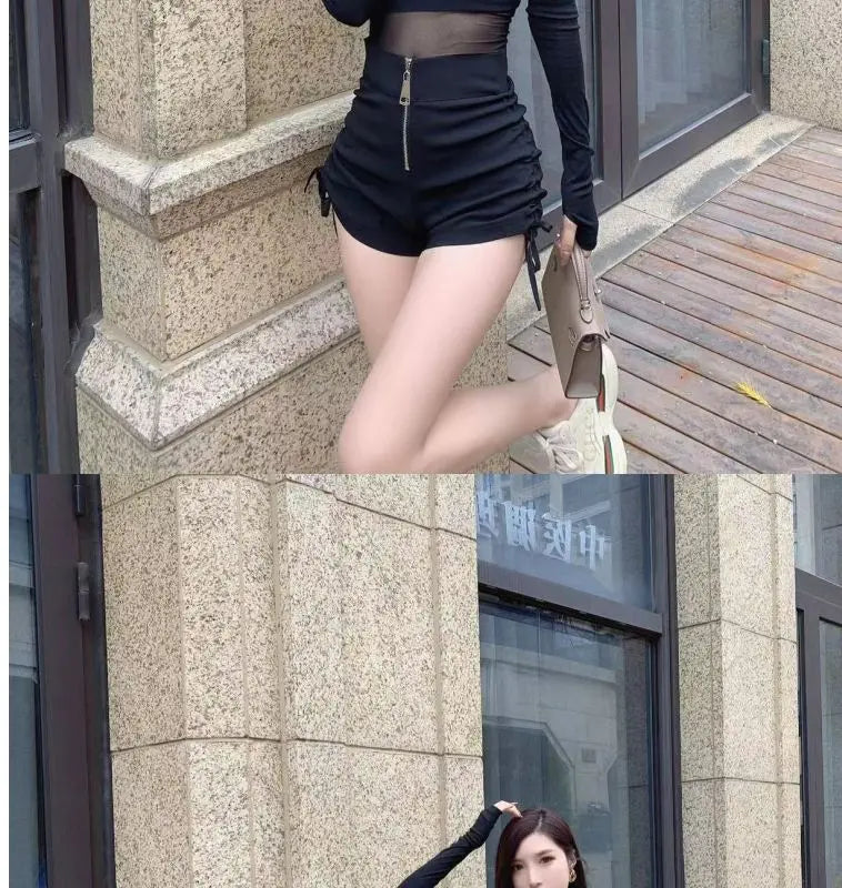 High Waist Shirring Black Bodycon Shorts Female Summer All-match Pleated Elasticity Elastic Waist Straight Women Slim Trousers