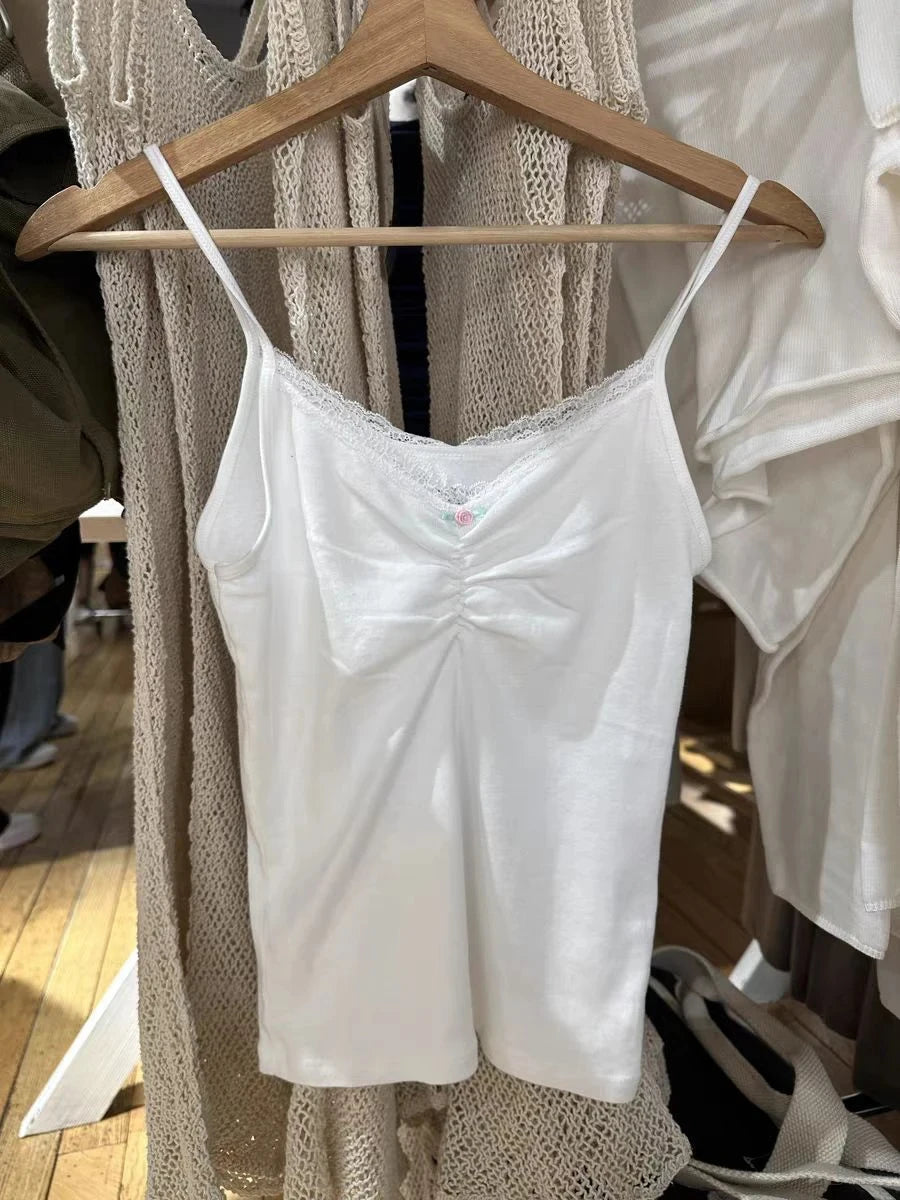 Floral Print Bow V Neck Camis Women Chic Lace Trim Sleeveless Slim Crop Tops Vest Sweet Casual Fashion Raw Hem Tank Top Y2k New White lace trim One Size