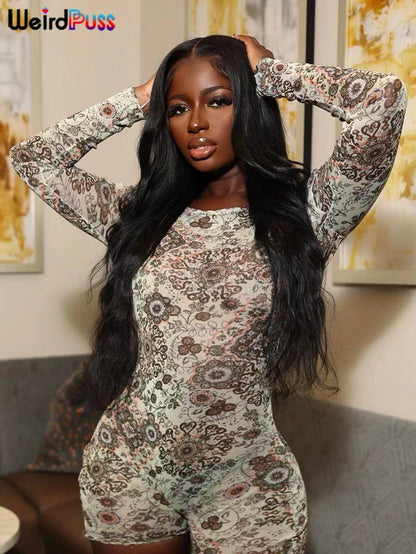 Weird Puss Backless Peach Buttocks Playsuit Women Flowers Print Autumn Trend Full Sleeve O-Neck Streetwear Sporty Workout Romper