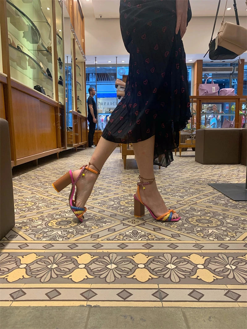 European and American square toe color-blocking thick sole, ethnic style fashion versatile strap high-heeled sandals for women.