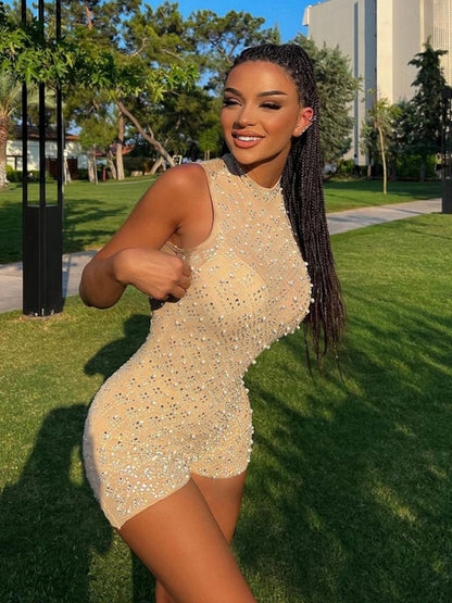 Sexy O-neck Sleeveless Jumpsuit Women Summer Beaded Mesh Rompers Skinny Elegent One Piece Apricot Fashion Hot Combinaison Femme