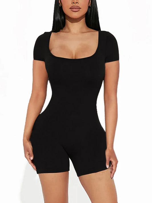 2025 Summer New Women's Sexy Solid Color Short Sleeve U Neck Jumpsuit Short Jumpsuit Yoga Fitness One Piece Polyester