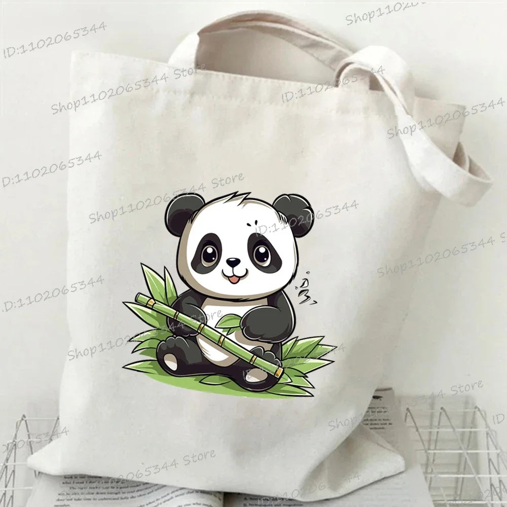 Canvas Bag for Women Cartoon Panda Printed Shopper Handbags Storage Reusable Canvas Shoulder Bag China Panda Female Tote Bag 11