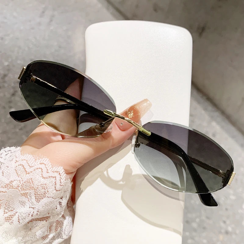 Retro Frameless Oval Concave Design Y2k Personalized Sunglasses Trendy Uv Resistant Street Photography Sunglasses 90275 Grey Green