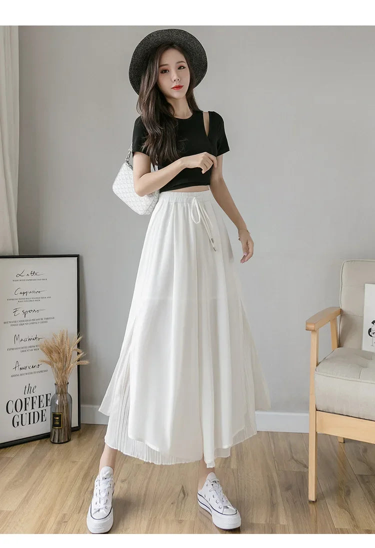 Women Pants Culottes Elastic Wide Leg Irregular Hem Double Layers Korean Trousers Summer Casual Loose Pleated Pants
