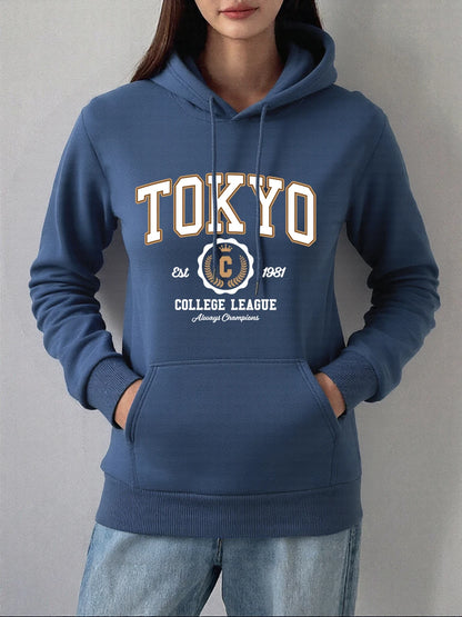 Tokyo College League Prints Hoodie Women Winter Fleece Warm Pullover Basics Pocket Sweatshirt Casual Comfortable Womans Clothes