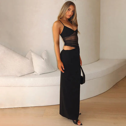 Mesh Thin Shoulder Strap Women's Plus Size Dress Sexy High Street Low Collar Patch Long Robe Women's Party Vest