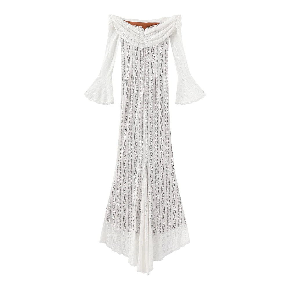 Suninheart White Off The Shoulder Autumn Bodycon Dress 2025 Long Sleeve Elegant Lace Maxi Dress Wedding Guest Dress for Women