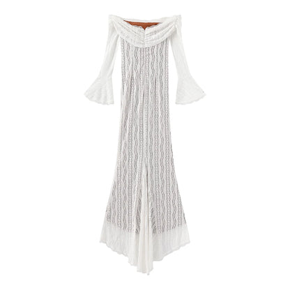 Suninheart White Off The Shoulder Autumn Bodycon Dress 2025 Long Sleeve Elegant Lace Maxi Dress Wedding Guest Dress for Women